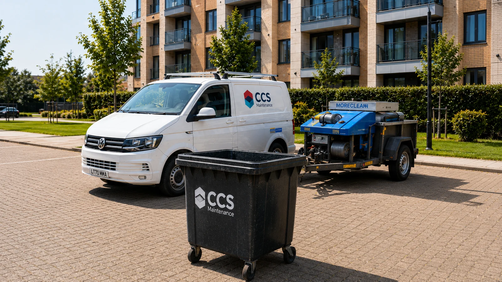 CCS Maintenance van, Moreclean commercial bin-cleaning trailer and fully visible 1100L bin at an apartment development